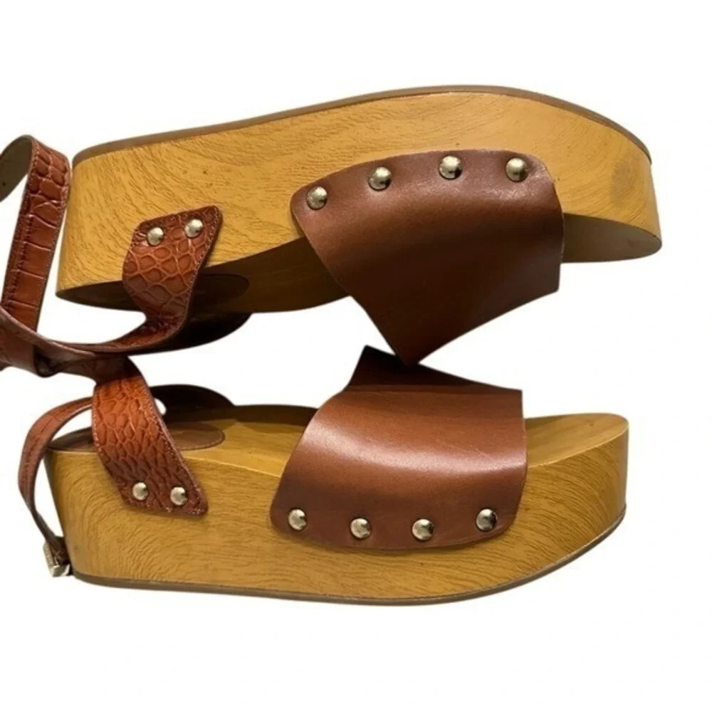 Sam‎ Edelman Brown Leather Croc Slingback Wood Platform Clog Sandals Size 10